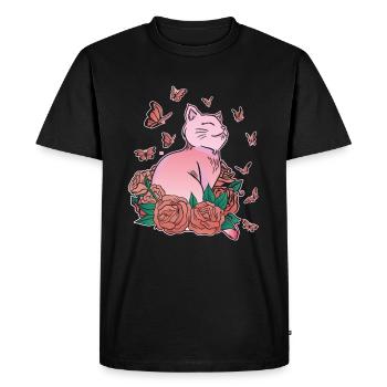 Cat, flowers, butterflies, cat lovers - Men's Premium Organic T-Shirt - black - Front - Nico (187cm)