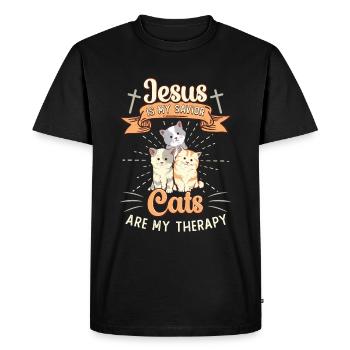 Jésus est mon Sauveur, les chats sont ma thérapie - T-shirt Premium bio Homme - noir - Devant - Nico (187cm)