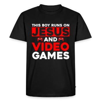 Ce garçon court sur Jésus et les jeux vidéo - T-shirt Premium bio Homme - noir - Devant - Nico (187cm)