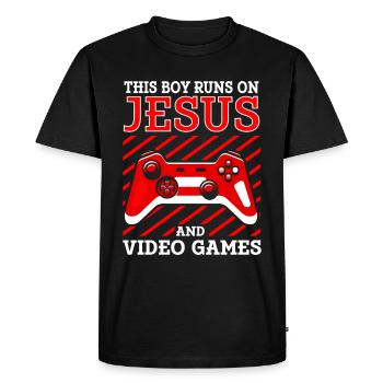 Ce garçon court sur Jésus et les jeux vidéo - T-shirt Premium bio Homme - noir - Devant - Nico (187cm)