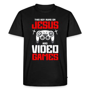 Ce garçon court sur Jésus et les jeux vidéo - T-shirt Premium bio Homme - noir - Devant - Nico (187cm)
