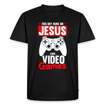 Ce garçon court sur Jésus et les jeux vidéo - T-shirt Premium bio Homme - noir - Devant - Nico (187cm)
