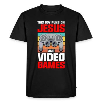 Ce garçon court sur Jésus et les jeux vidéo - T-shirt Premium bio Homme - noir - Devant - Nico (187cm)