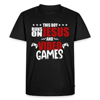 Ce garçon court sur Jésus et les jeux vidéo - T-shirt Premium bio Homme - noir - Devant - Nico (187cm)