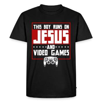 Ce garçon court sur Jésus et les jeux vidéo - T-shirt Premium bio Homme - noir - Devant - Nico (187cm)