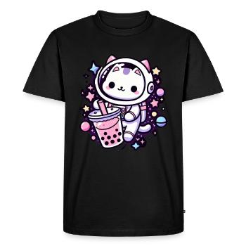 Kawaii Cat Astronaut Bubble Tea in Space - Men's Premium Organic T-Shirt - black - Front - Nico (187cm)