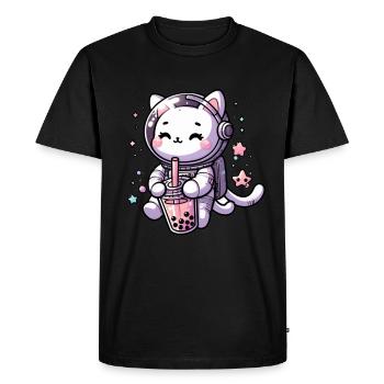 Kawaii Cat Astronaut Bubble Tea in Space - Men's Premium Organic T-Shirt - black - Front - Nico (187cm)