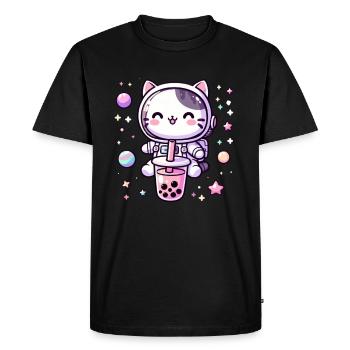 Kawaii Cat Astronaut Bubble Tea in Space - Men's Premium Organic T-Shirt - black - Front - Nico (187cm)