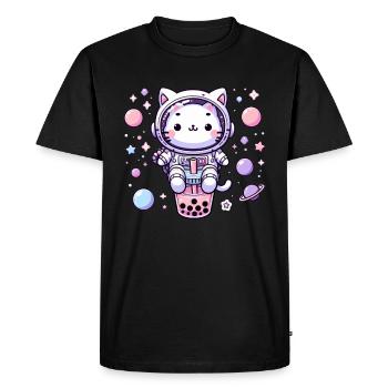 Kawaii Cat Astronaut Bubble Tea in Space - Men's Premium Organic T-Shirt - black - Front - Nico (187cm)