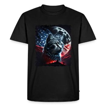 Chat américain sous la Lune avec drapeau américain - T-shirt Premium bio Homme - noir - Devant - Nico (187cm)