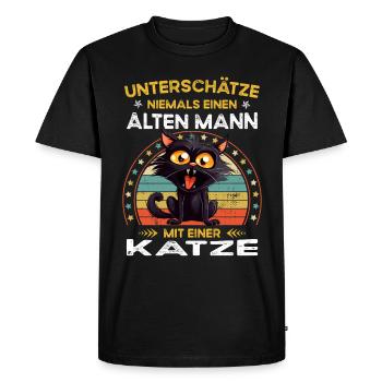 Unterschätze niemals alten Mann mit einer katze - Männer Premium Bio T-Shirt - Schwarz - Vorne - Nico (187cm)