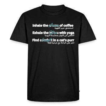 Coffee yoga and cats - Men's Premium Organic T-Shirt - black - Front - Nico (187cm)