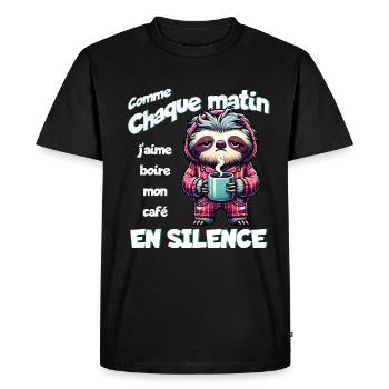 Comme chaque matin j'aime boire mon café... - T-shirt Premium bio Homme - noir - Devant - Nico (187cm)