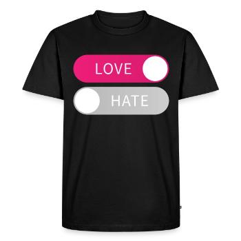 Love On Hate Off Button Liebe an Hass aus Geschenk - Men's Premium Organic T-Shirt - black - Front - Nico (187cm)