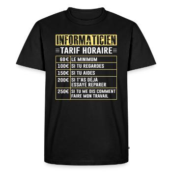 Tarif Horaire D'un Informaticien - T-shirt Premium bio Homme - noir - Devant - Nico (187cm)