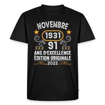 Novembre 1931 91 Ans Anniversaire Idée Cadeau - T-shirt Premium bio Homme - noir - Devant - Nico (187cm)