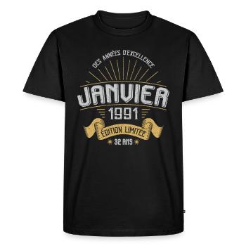 Anniversaire 1991 32 Ans Janvier Cadeau Vintage - T-shirt Premium bio Homme - noir - Devant - Nico (187cm)