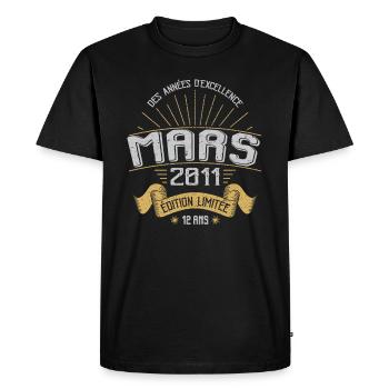 Mars 2011 12 Ans Anniversaire Vintage Idée Cadeau - T-shirt Premium bio Homme - noir - Devant - Nico (187cm)