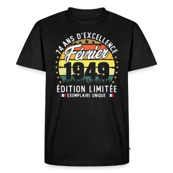 Vintage Cadeau Anniversaire 74 Ans Février 1949 - T-shirt Premium bio Homme - noir - Devant - Nico (187cm)