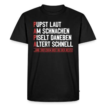 PAPA – farts loudly, snoring, next to it - Men's Premium Organic T-Shirt - black - Front - Nico (187cm)