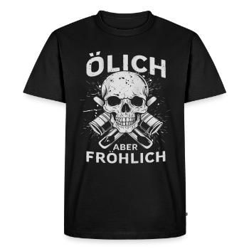 Huileux mais joyeux – Pour les vrais mécaniciens - T-shirt Premium bio Homme - noir - Devant - Nico (187cm)
