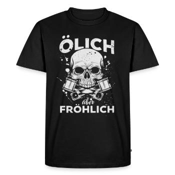 Huileux mais joyeux – Pour les vrais mécaniciens - T-shirt Premium bio Homme - noir - Devant - Nico (187cm)