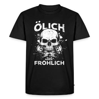 Huileux mais joyeux – Pour les vrais mécaniciens - T-shirt Premium bio Homme - noir - Devant - Nico (187cm)