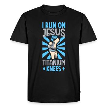 Je cours avec Jésus et mes genoux de Titan - T-shirt Premium bio Homme - noir - Devant - Nico (187cm)
