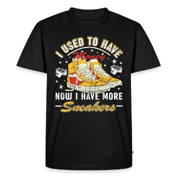 « J’avais de l’argent » drôle de chaussure - T-shirt Premium bio Homme - noir - Devant - Nico (187cm)
