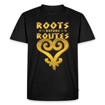 "Roots Before Routes" Sankofa Icon - Men's Premium Organic T-Shirt - black - Front - Nico (187cm)