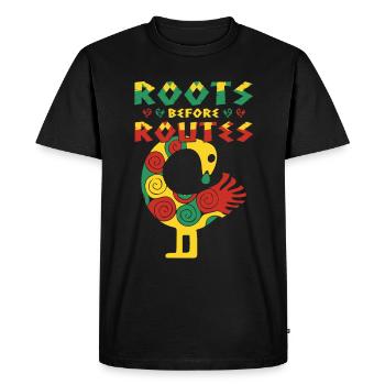 « Racines avant les routes » oiseau icône Sankofa Art - T-shirt Premium bio Homme - noir - Devant - Nico (187cm)