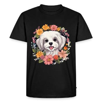 Chien maltais de race animal mignon graphique avec des fleurs - T-shirt Premium bio Homme - noir - Devant - Nico (187cm)
