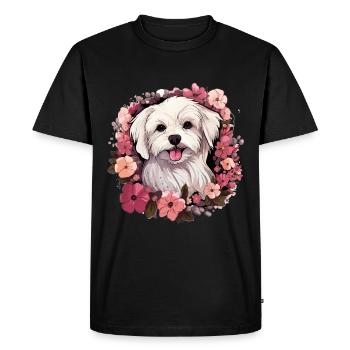 Chien maltais de race animal mignon graphique avec des fleurs - T-shirt Premium bio Homme - noir - Devant - Nico (187cm)