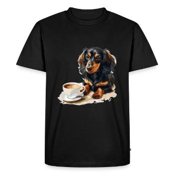 Cute Dachshund Doxie with a Cup of Coffee Wiener - Men's Premium Organic T-Shirt - black - Front - Nico (187cm)