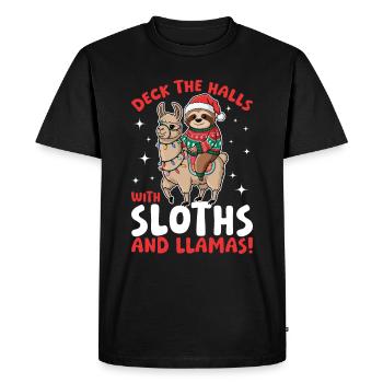 Sloth Llama Christmas Deck the halls with - Men's Premium Organic T-Shirt - black - Front - Nico (187cm)