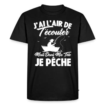 Dans Ma Tête Je Pêche, Cadeau Humour Pêcheur - T-shirt Premium bio Homme - noir - Devant - Nico (187cm)