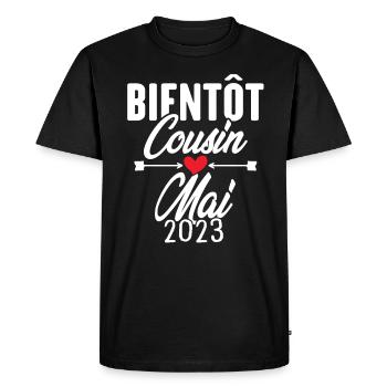 Bientôt Cousin Mai 2023, Annonce Grossesse - T-shirt Premium bio Homme - noir - Devant - Nico (187cm)