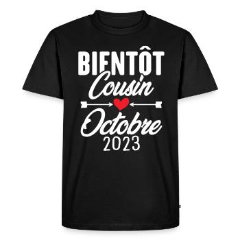 Bientôt Cousin Octobre 2023, Annonce Grossesse - T-shirt Premium bio Homme - noir - Devant - Nico (187cm)