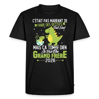 Je vais être grand frère 2026 / Cadeau grand frère - T-shirt Premium bio Homme - noir - Devant - Nico (187cm)