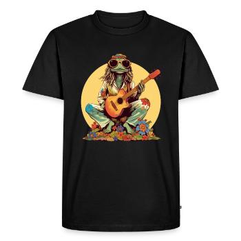 Grenouille hippie cool avec guitare et fleurs rétro - T-shirt Premium bio Homme - noir - Devant - Nico (187cm)