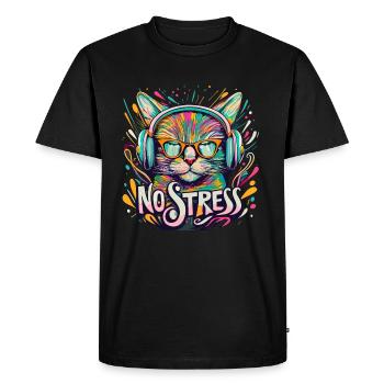 Chat avec des écouteurs Drôle de dicton NO STRESS - T-shirt Premium bio Homme - noir - Devant - Nico (187cm)
