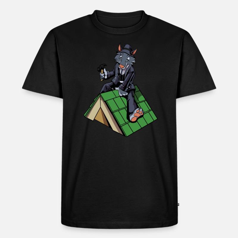 Comic Wolf als Dachdecker - Männer Premium Bio T-Shirt - Schwarz