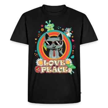 Chat Amour et Paix - design hippie cool - T-shirt Premium bio Homme - noir - Devant - Nico (187cm)