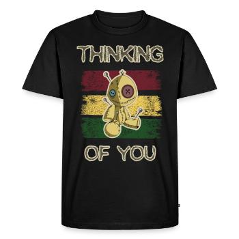 Funny 'Thinking of you' design with voodoo doll - Men's Premium Organic T-Shirt - black - Front - Nico (187cm)