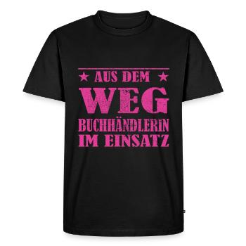 Out of the Way Bookseller in Action Design - Men's Premium Organic T-Shirt - black - Front - Nico (187cm)