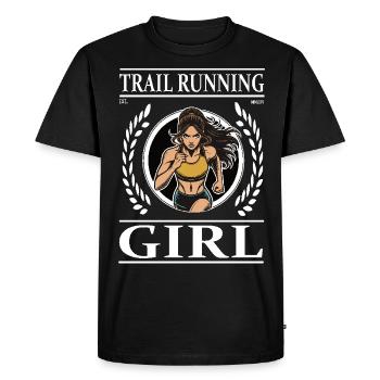 Fille de course sur sentier – La coureuse de la nature - T-shirt Premium bio Homme - noir - Devant - Nico (187cm)