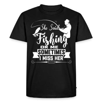 Elle a déclaré: « La pêche ou moi, parfois je manque - T-shirt Premium bio Homme - noir - Devant - Nico (187cm)