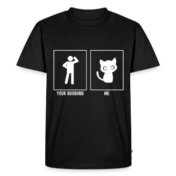 Son mari - moi - chat grands yeux - T-shirt Premium bio Homme - noir - Devant - Nico (187cm)