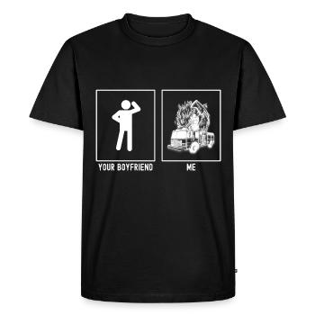 Votre ami - moi - camion de pompiers et hache - T-shirt Premium bio Homme - noir - Devant - Nico (187cm)