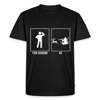Her husband - me - hunting hidden in the grass - Men's Premium Organic T-Shirt - black - Front - Nico (187cm)